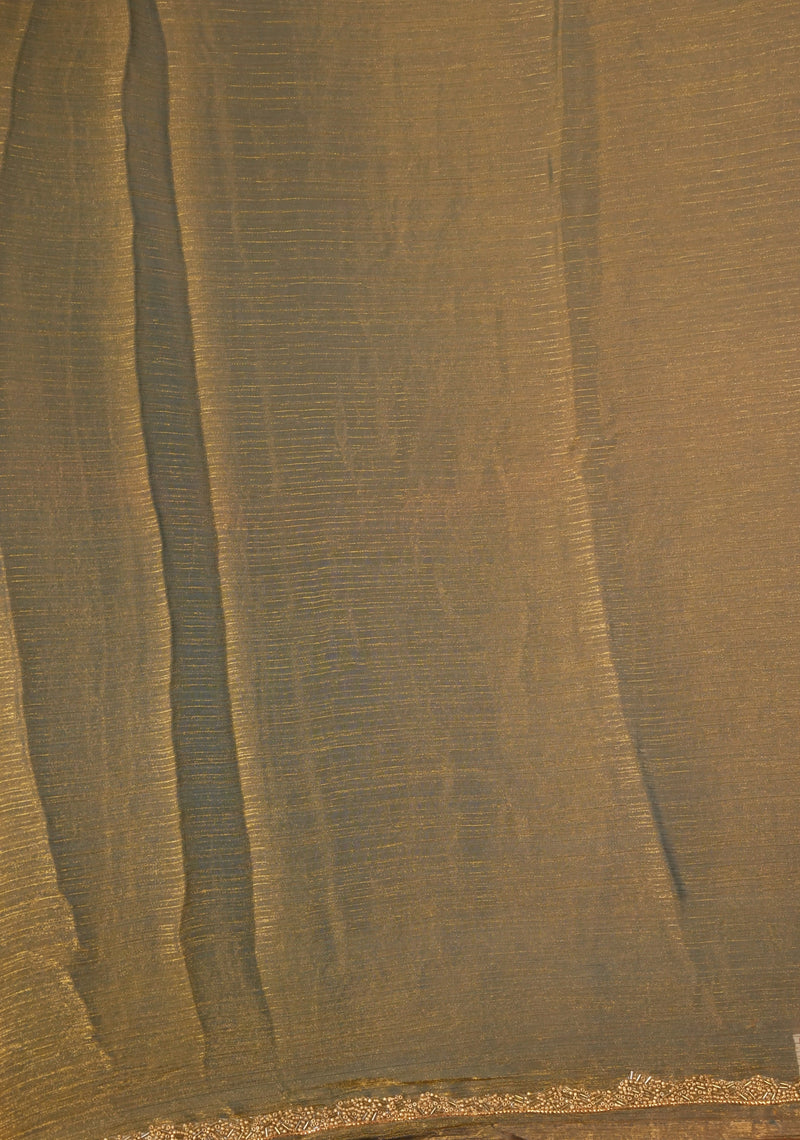 Olive Bronze Space Silk Saree | Shimmer Finish with Gold Beaded Border | Party & Festive Wear