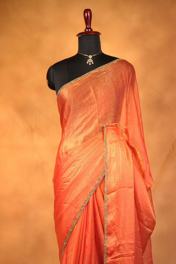 Light Orange Space Silk Saree | Plain Silk with Gold Beaded Lace Border | Party & Festive Wea