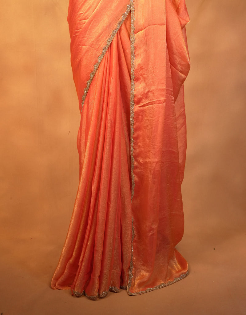 Light Orange Space Silk Saree | Plain Silk with Gold Beaded Lace Border | Party & Festive Wea