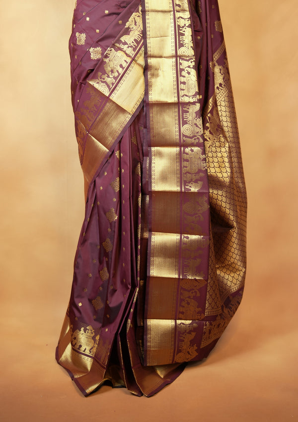Maroon Art Silk Saree | Gold Zari Butti with Elephant Motif Border | Wedding & Festive Wear