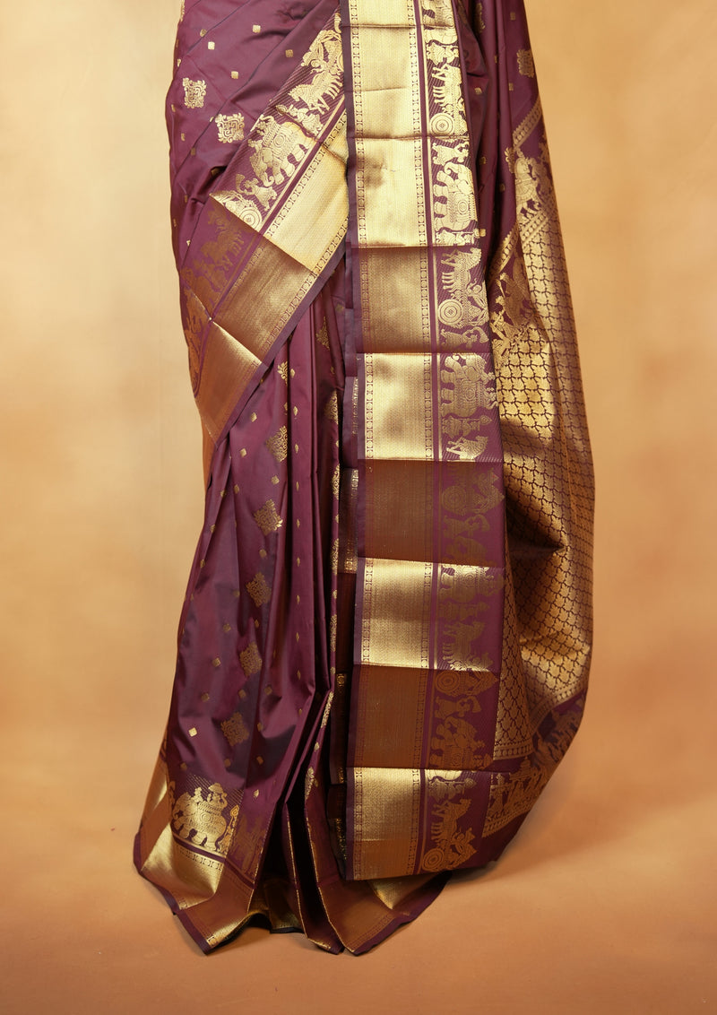 Maroon Art Silk Saree | Gold Zari Butti with Elephant Motif Border | Wedding & Festive Wear
