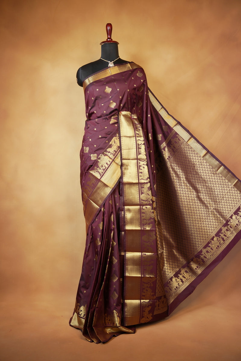 Maroon Art Silk Saree | Gold Zari Butti with Elephant Motif Border | Wedding & Festive Wear