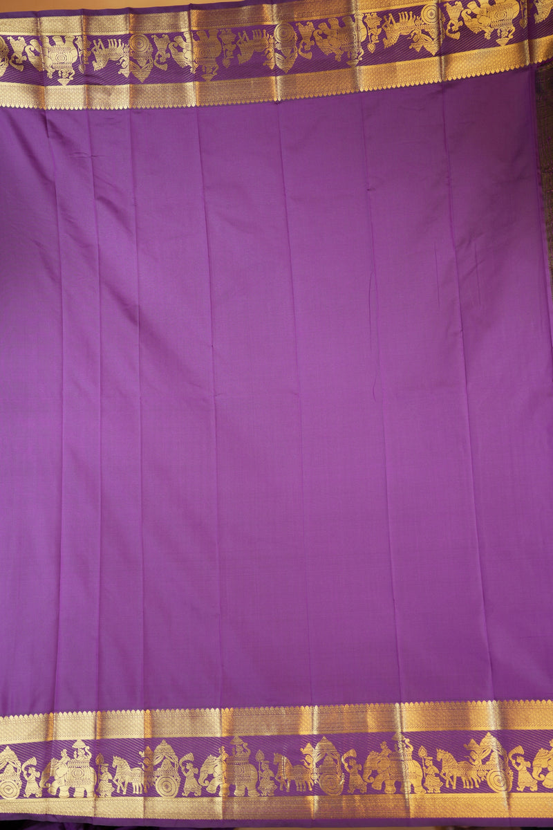 Purple Art Silk Saree | Gold Zari Elephant Horse Motif Border | Bridal & Festive Wear