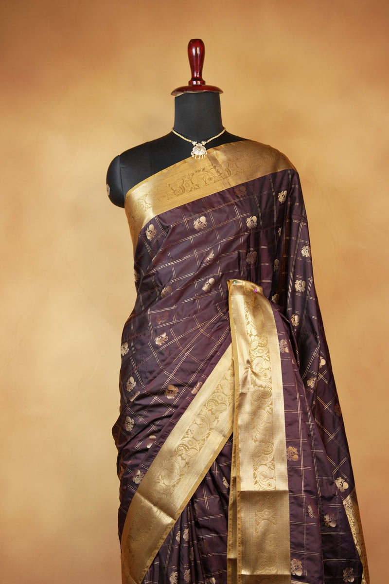 Dark Brown Soft Silk Saree | Gold Zari Check Weave with Floral Butti | Wedding & Festive Wear