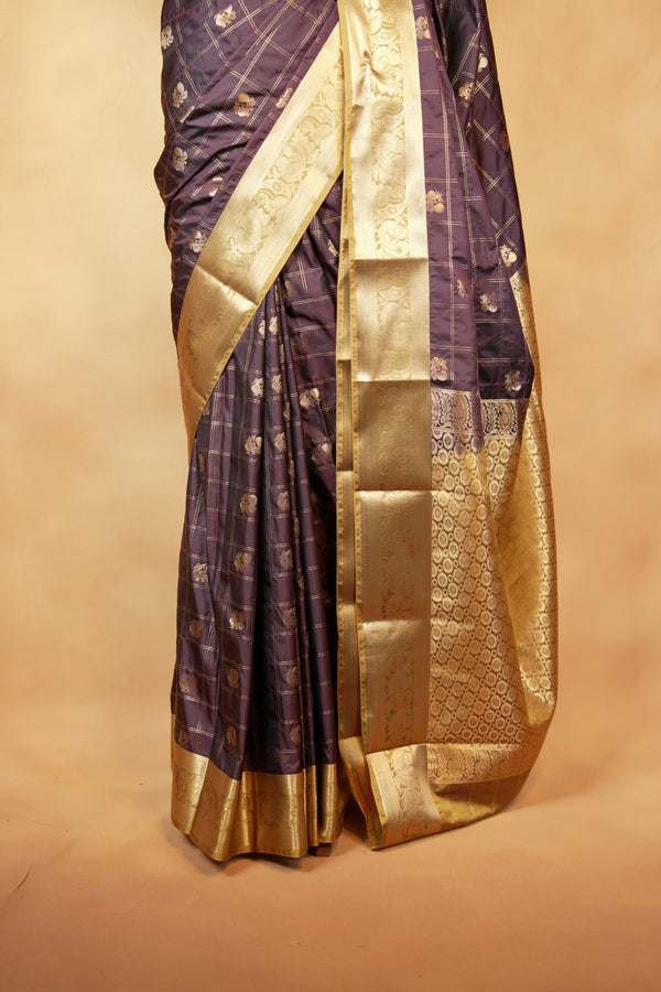 Dark Brown Soft Silk Saree | Gold Zari Check Weave with Floral Butti | Wedding & Festive Wear