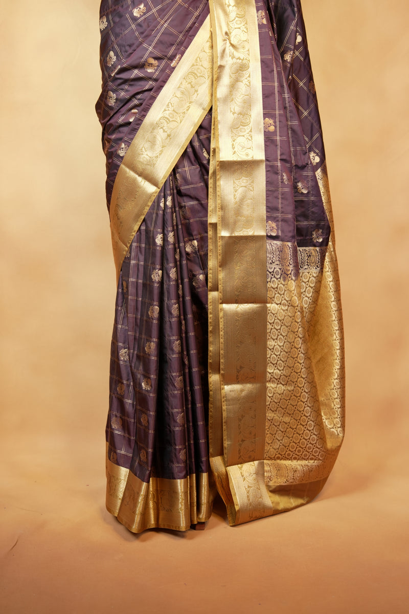 Dark Brown Soft Silk Saree | Gold Zari Check Weave with Floral Butti | Wedding & Festive Wear