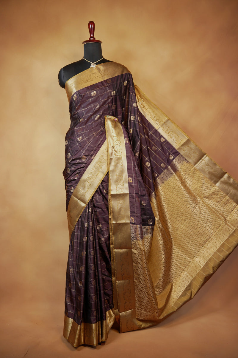Dark Brown Soft Silk Saree | Gold Zari Check Weave with Floral Butti | Wedding & Festive Wear