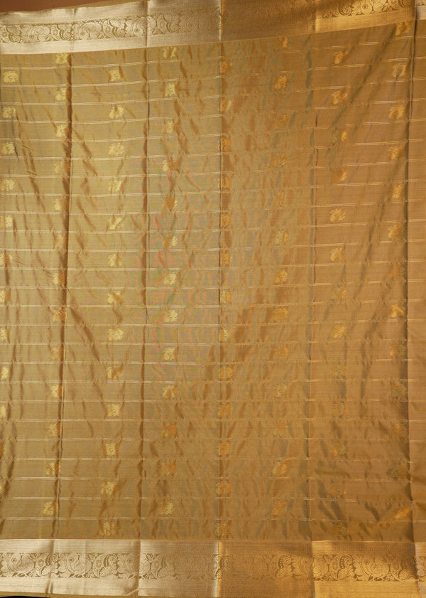 Dark Brown Soft Silk Saree | Gold Zari Check Weave with Floral Butti | Wedding & Festive Wear
