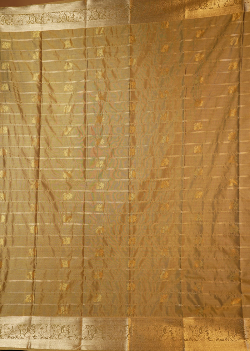 Dark Brown Soft Silk Saree | Gold Zari Check Weave with Floral Butti | Wedding & Festive Wear