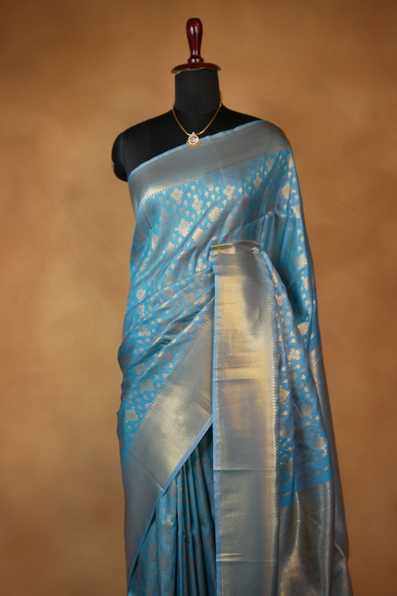 Sky Blue Silk Saree | Silver Zari Woven Border with Floral Butta Design | Wedding & Festive Wear