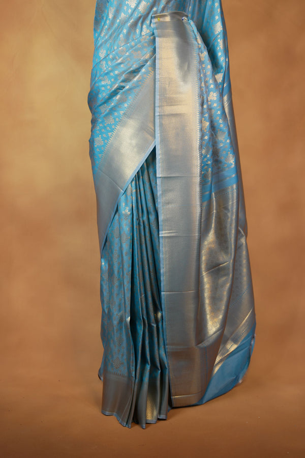 Sky Blue Silk Saree | Silver Zari Woven Border with Floral Butta Design | Wedding & Festive Wear