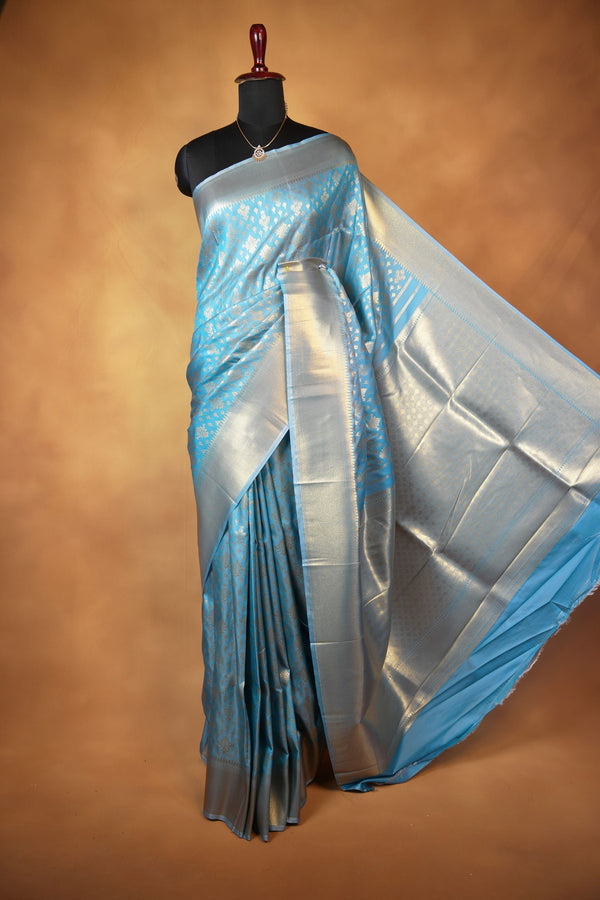 Sky Blue Silk Saree | Silver Zari Woven Border with Floral Butta Design | Wedding & Festive Wear
