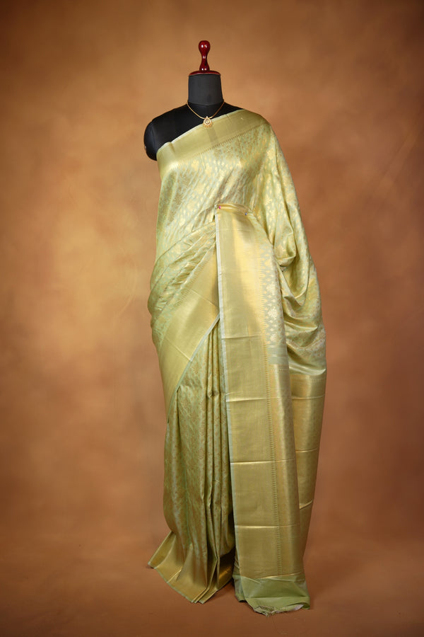 Pista Green Soft Silk Saree | Gold Zari Floral Weave & Rich Zari Border | Festive & Bridal Wear