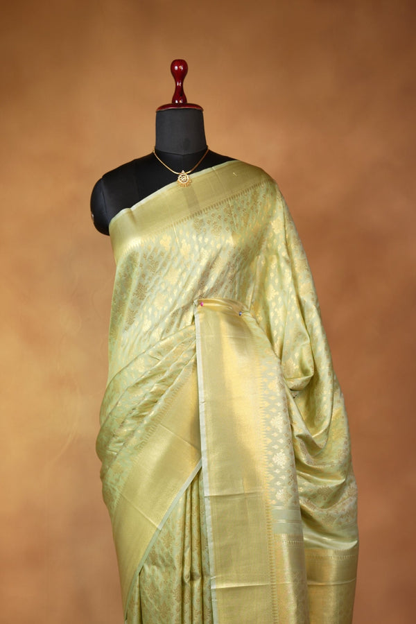 Pista Green Soft Silk Saree | Gold Zari Floral Weave & Rich Zari Border | Festive & Bridal Wear