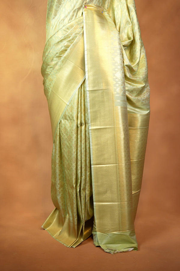 Pista Green Soft Silk Saree | Gold Zari Floral Weave & Rich Zari Border | Festive & Bridal Wear