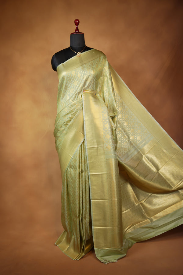 Pista Green Soft Silk Saree | Gold Zari Floral Weave & Rich Zari Border | Festive & Bridal Wear
