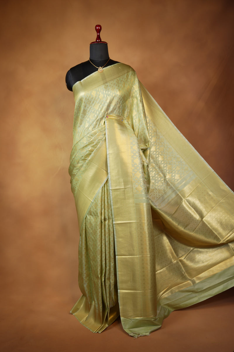 Pista Green Soft Silk Saree | Gold Zari Floral Weave & Rich Zari Border | Festive & Bridal Wear