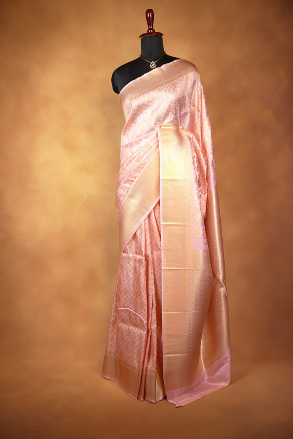 Blush Pink Silk Saree | All-Over Golden Zari Weave & Tissue Pallu | Traditional Wedding Saree