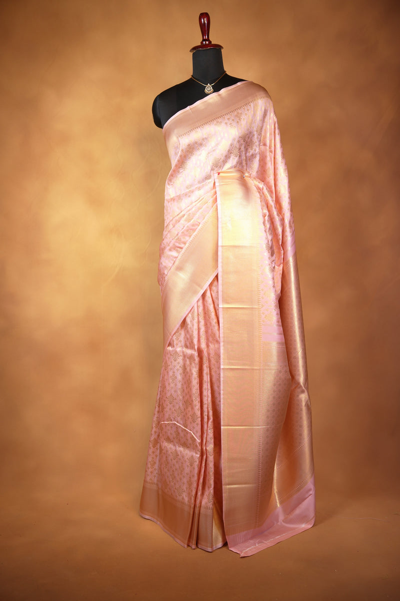 Blush Pink Silk Saree | All-Over Golden Zari Weave & Tissue Pallu | Traditional Wedding Saree