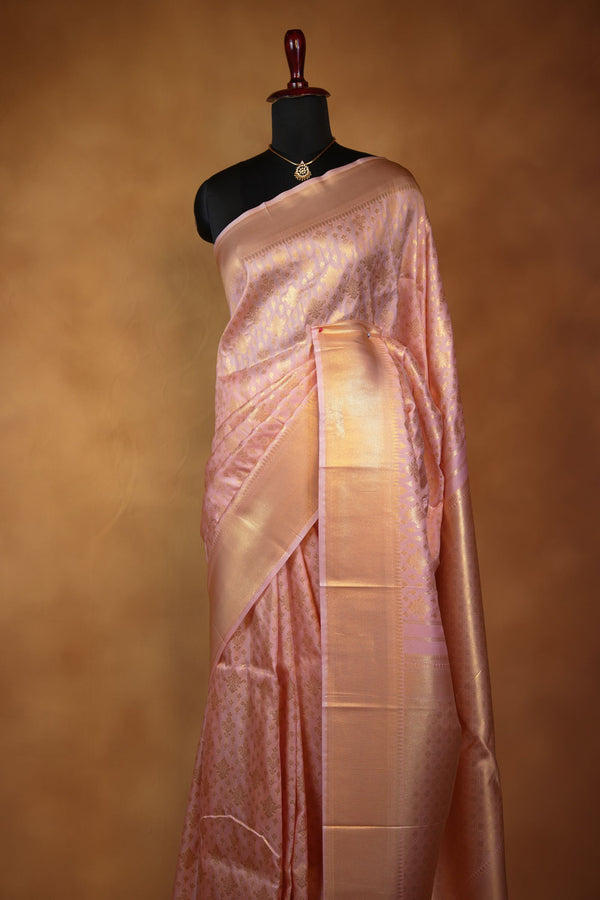 Blush Pink Silk Saree | All-Over Golden Zari Weave & Tissue Pallu | Traditional Wedding Saree