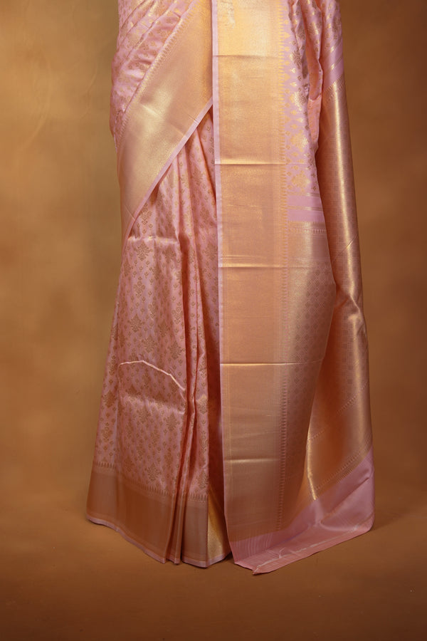 Blush Pink Silk Saree | All-Over Golden Zari Weave & Tissue Pallu | Traditional Wedding Saree
