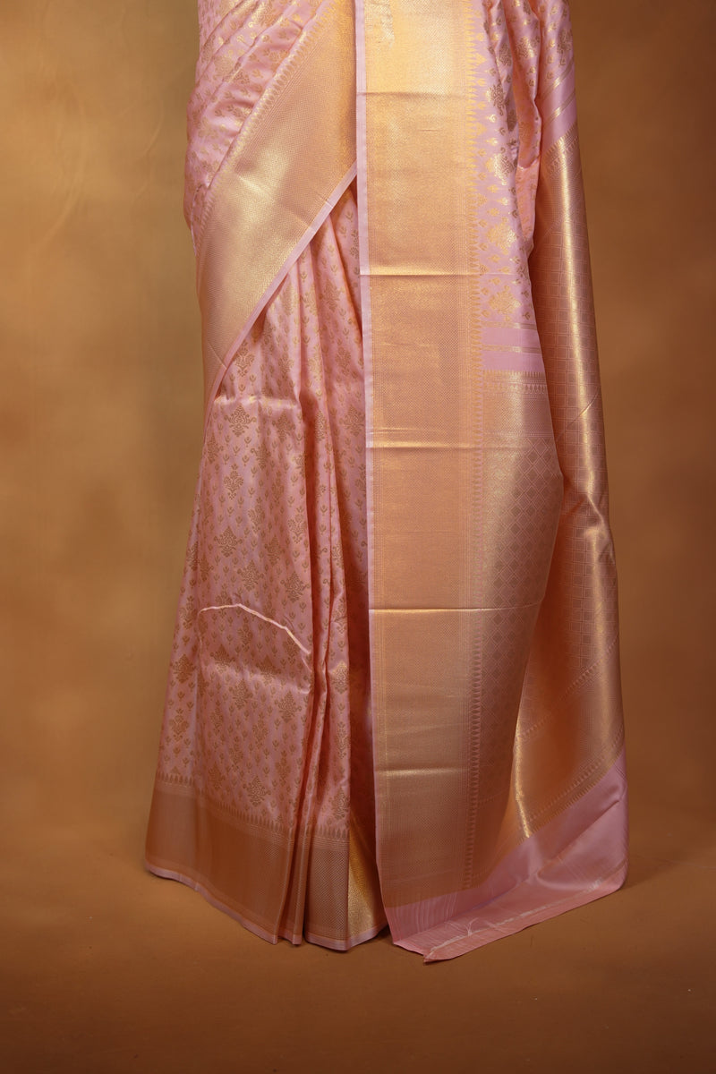 Blush Pink Silk Saree | All-Over Golden Zari Weave & Tissue Pallu | Traditional Wedding Saree