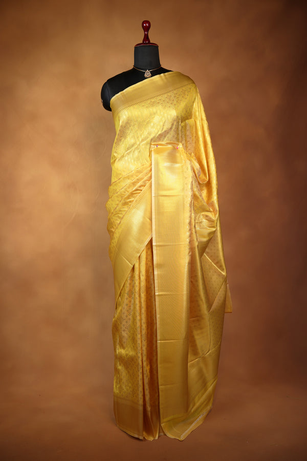 Yellow Soft Silk Saree | Tone-on-Tone Gold Zari Weave | Bridal & Festive Wear