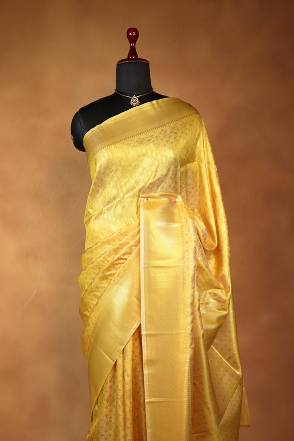 Yellow Soft Silk Saree | Tone-on-Tone Gold Zari Weave | Bridal & Festive Wear