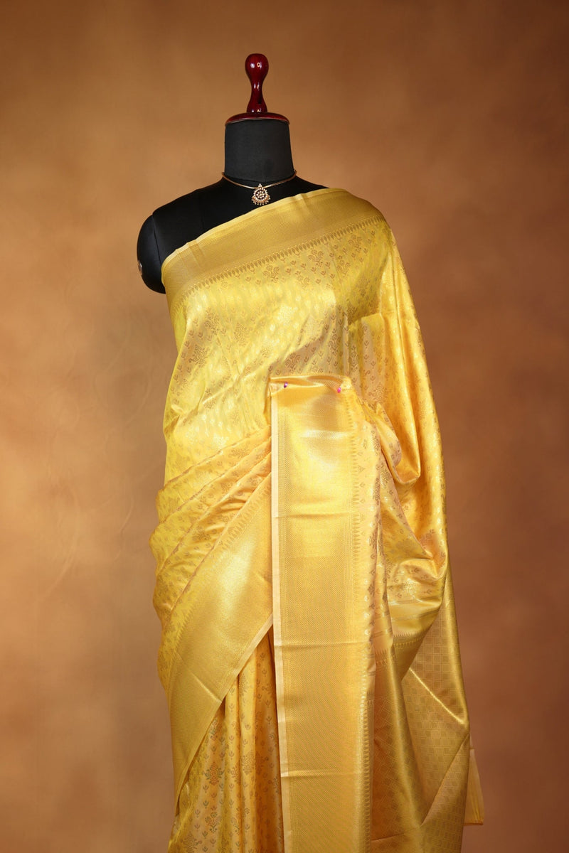 Yellow Soft Silk Saree | Tone-on-Tone Gold Zari Weave | Bridal & Festive Wear