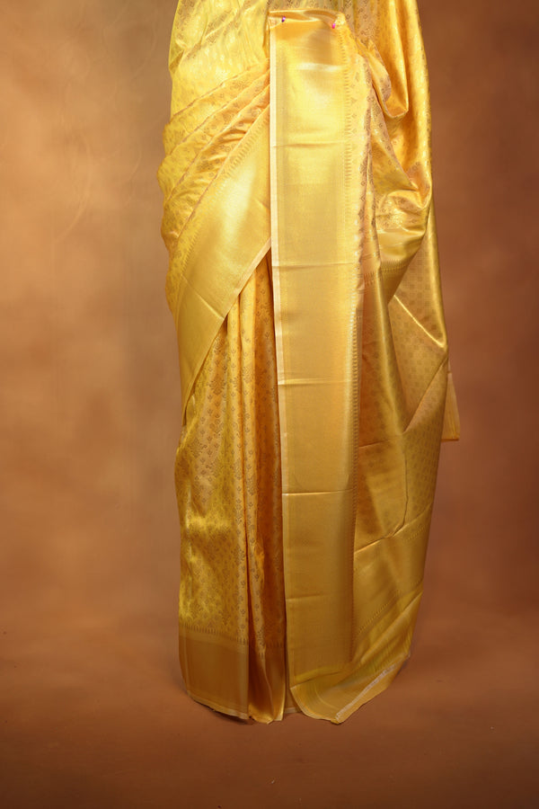 Yellow Soft Silk Saree | Tone-on-Tone Gold Zari Weave | Bridal & Festive Wear