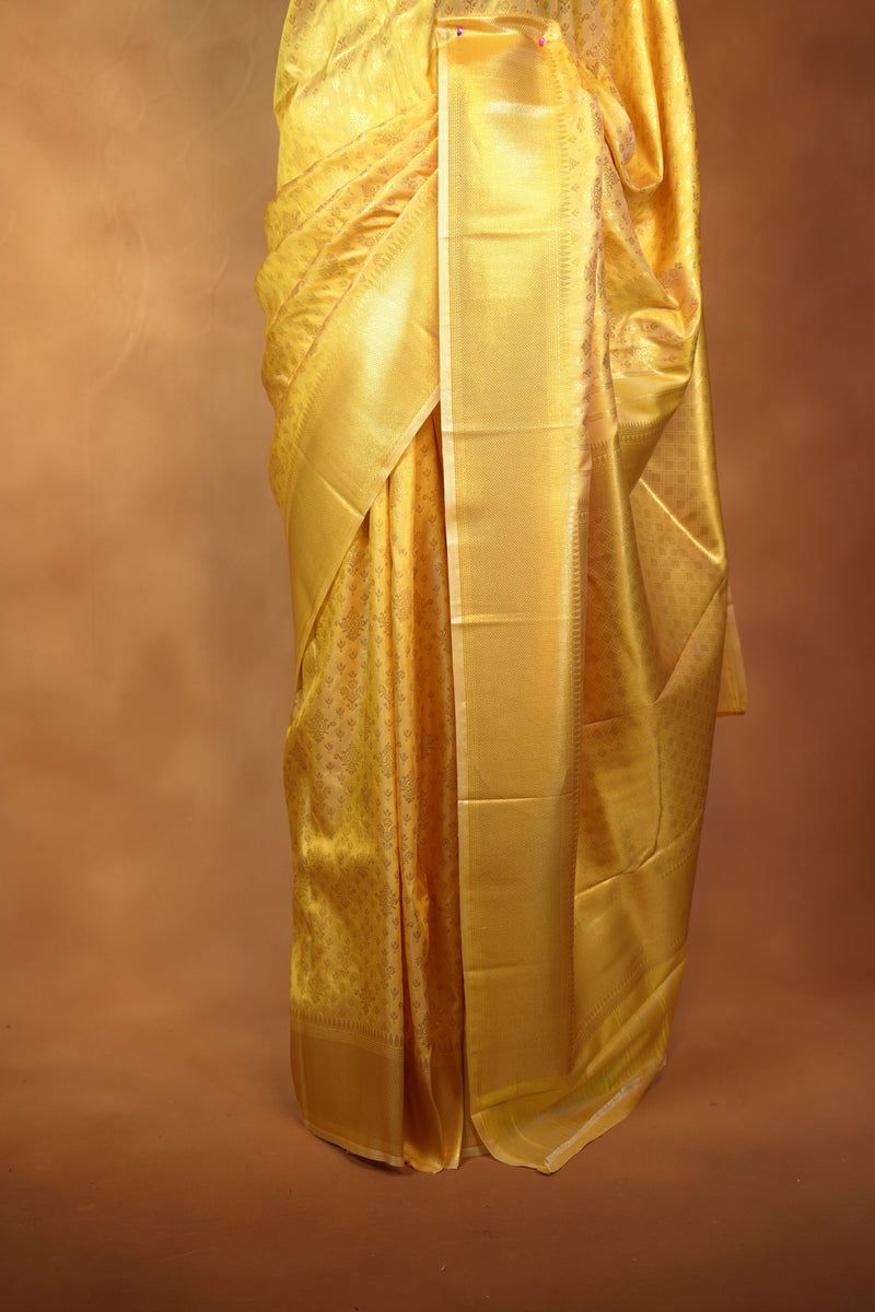 Yellow Soft Silk Saree | Tone-on-Tone Gold Zari Weave | Bridal & Festive Wear