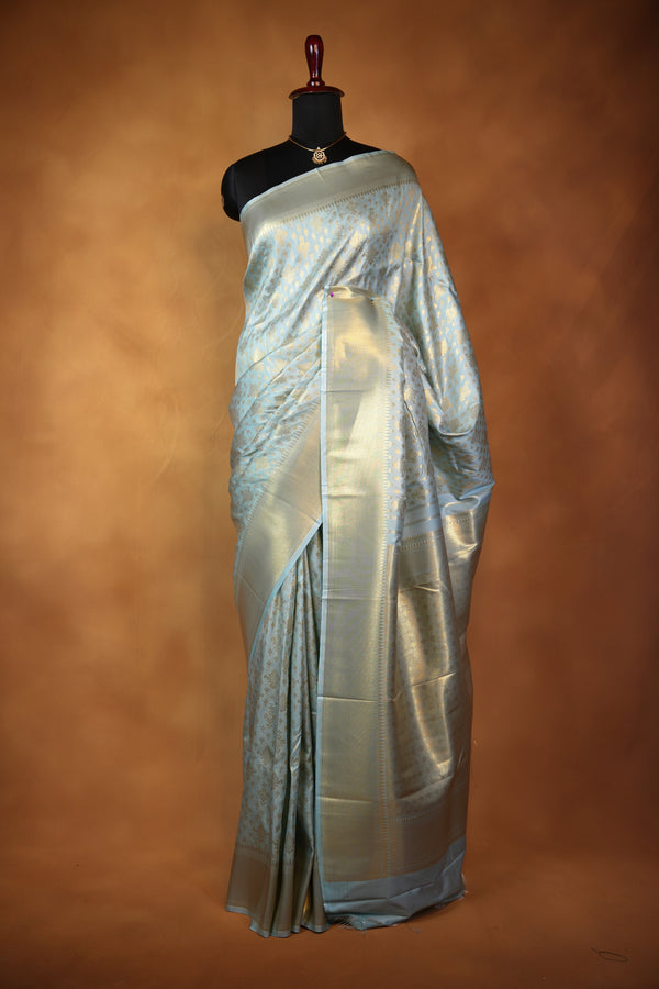 Silver Grey Tussar Silk Saree | Golden Zari Butta Design with Woven Border | Party Wear Saree