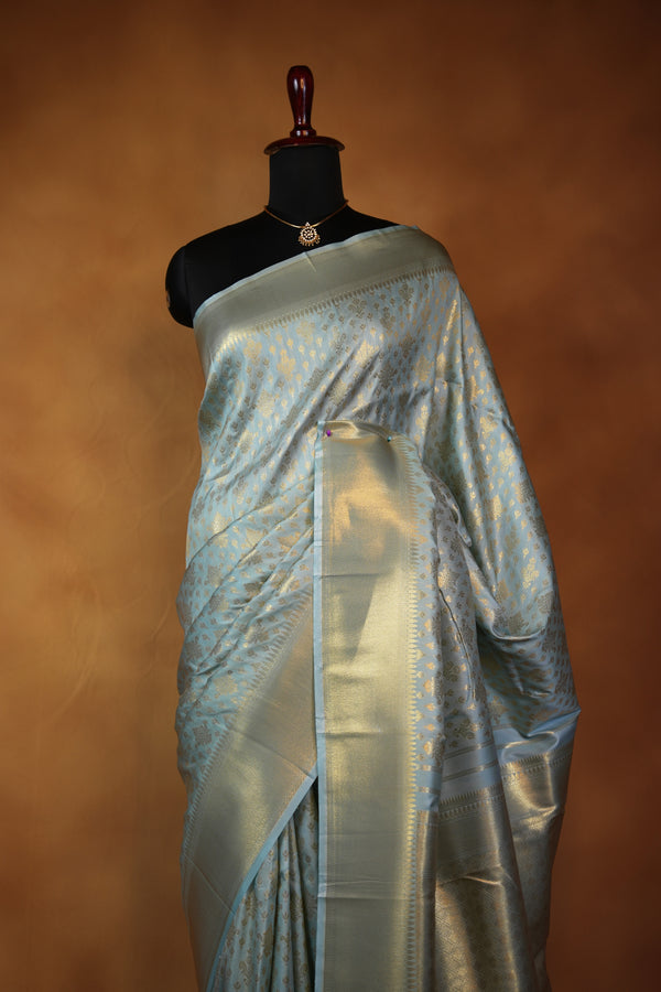 Silver Grey Tussar Silk Saree | Golden Zari Butta Design with Woven Border | Party Wear Saree