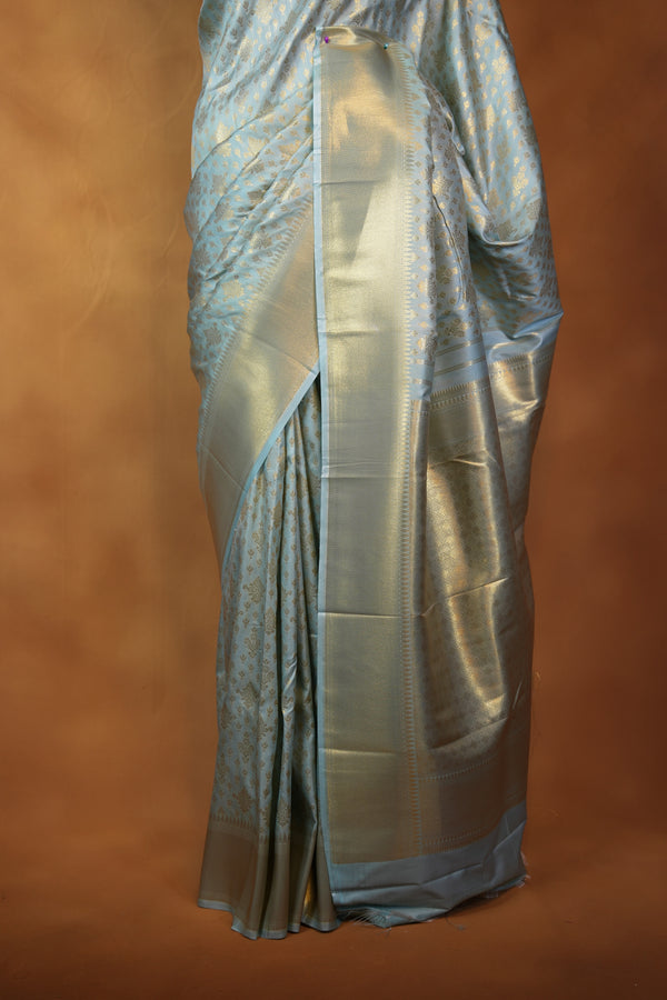 Silver Grey Tussar Silk Saree | Golden Zari Butta Design with Woven Border | Party Wear Saree