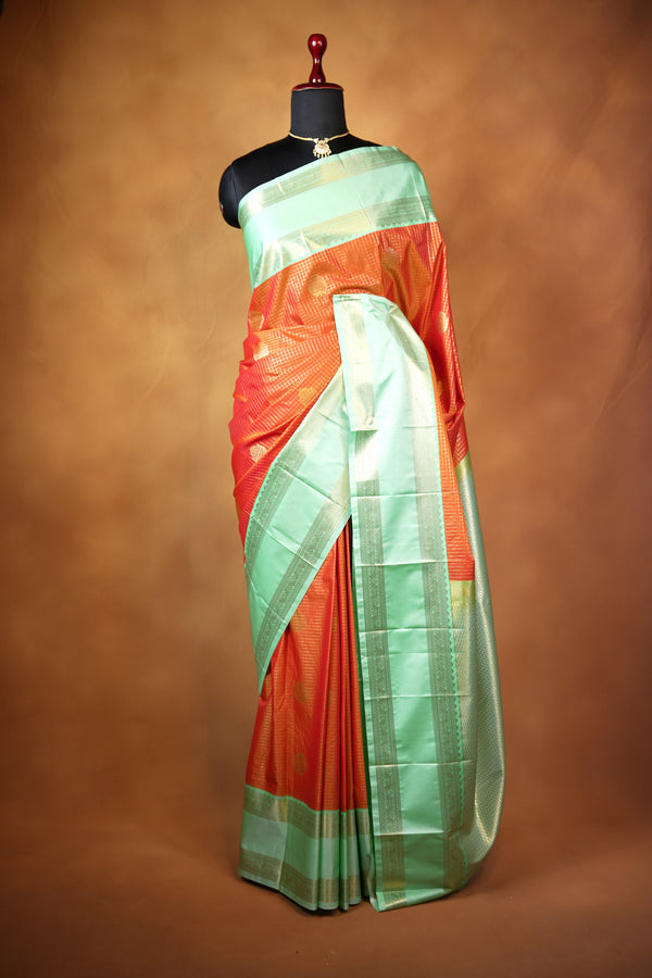 Orange & Green Semi Tussar Silk Saree | Golden Zari Woven Border | Traditional Party Wear