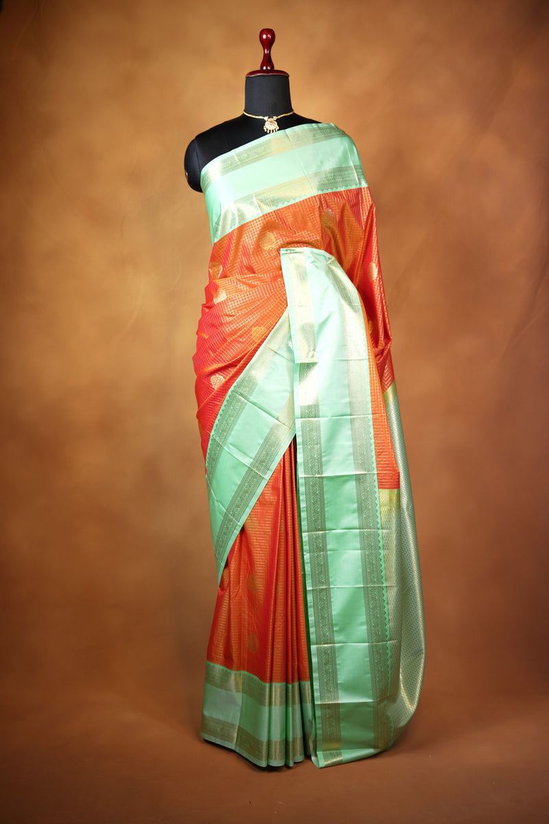 Orange & Green Semi Tussar Silk Saree | Golden Zari Woven Border | Traditional Party Wear