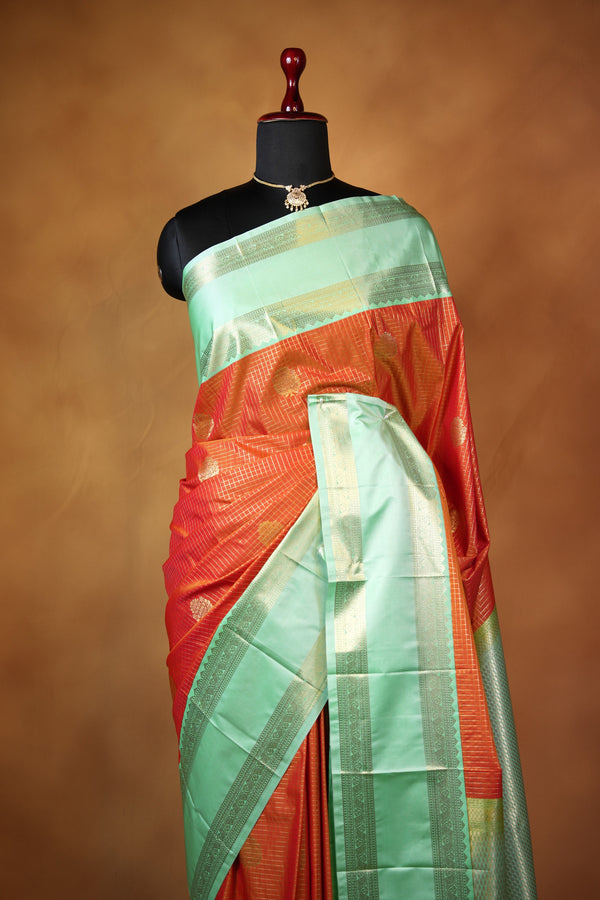 Orange & Green Semi Tussar Silk Saree | Golden Zari Woven Border | Traditional Party Wear
