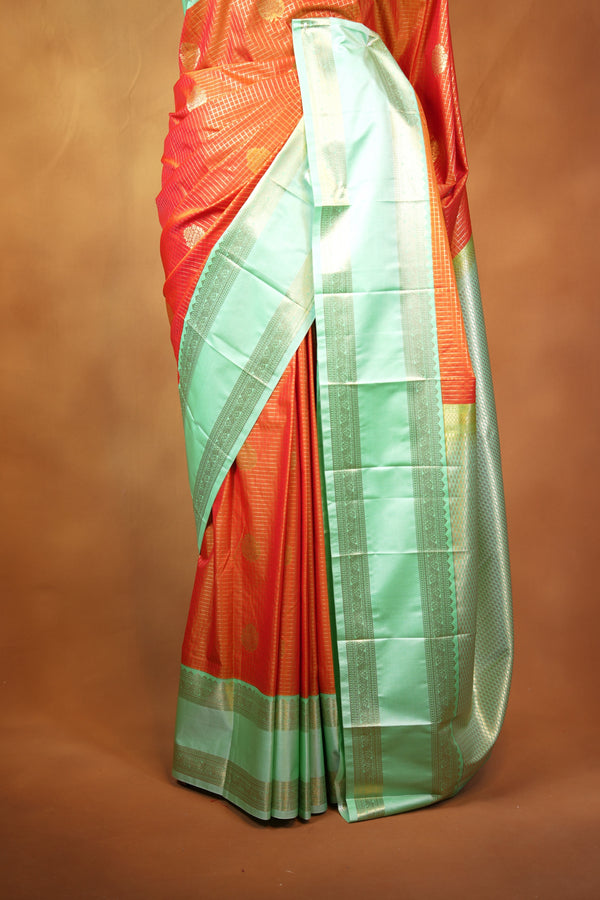 Orange & Green Semi Tussar Silk Saree | Golden Zari Woven Border | Traditional Party Wear