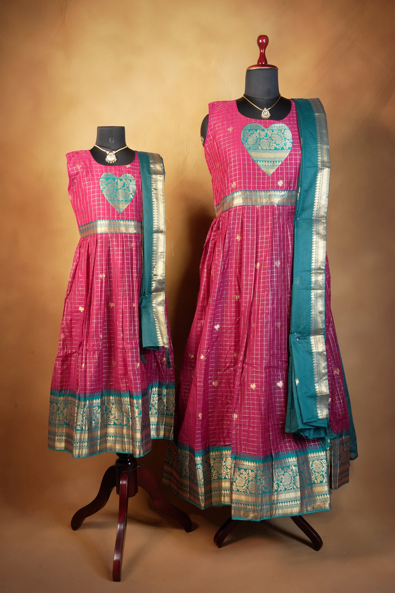 Pink Checks Girls Frock | Teal Blue Zari Border Saree Pallu | Traditional Occasion Wear