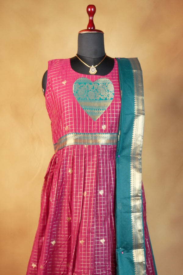 Pink Checks Girls Frock | Teal Blue Zari Border Saree Pallu | Traditional Occasion Wear
