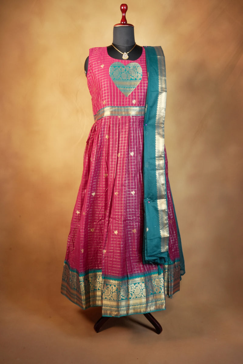 Pink Checks Girls Frock | Teal Blue Zari Border Saree Pallu | Traditional Occasion Wear
