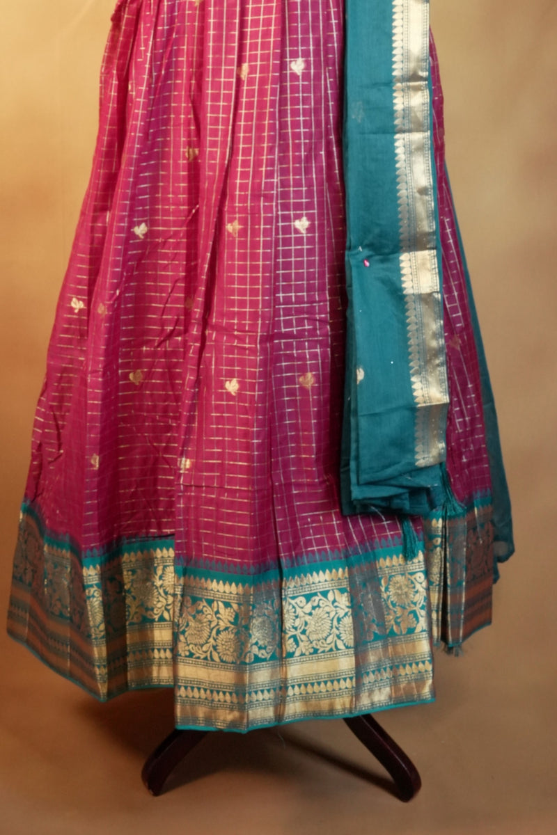 Pink Checks Girls Frock | Teal Blue Zari Border Saree Pallu | Traditional Occasion Wear