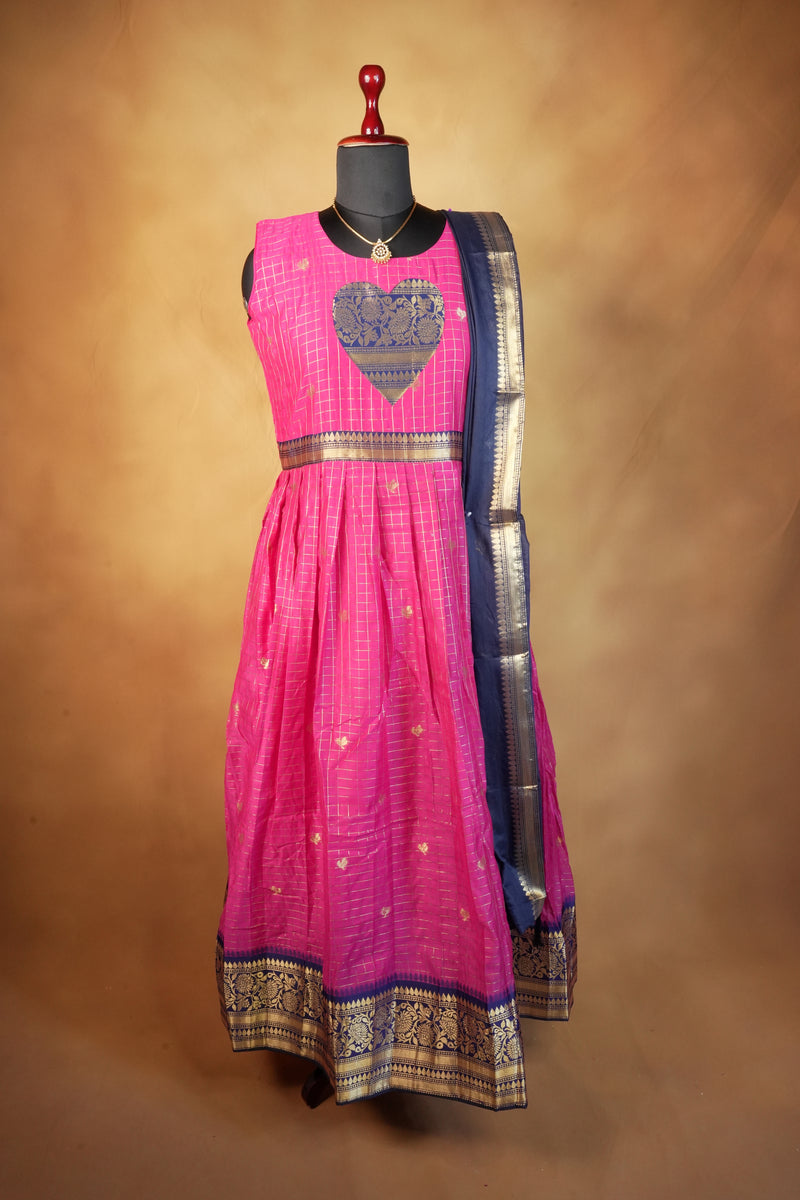 Pink Girls Frock | Heart Shape Zari Neckline & Navy Pallu | Festive & Party Wear
