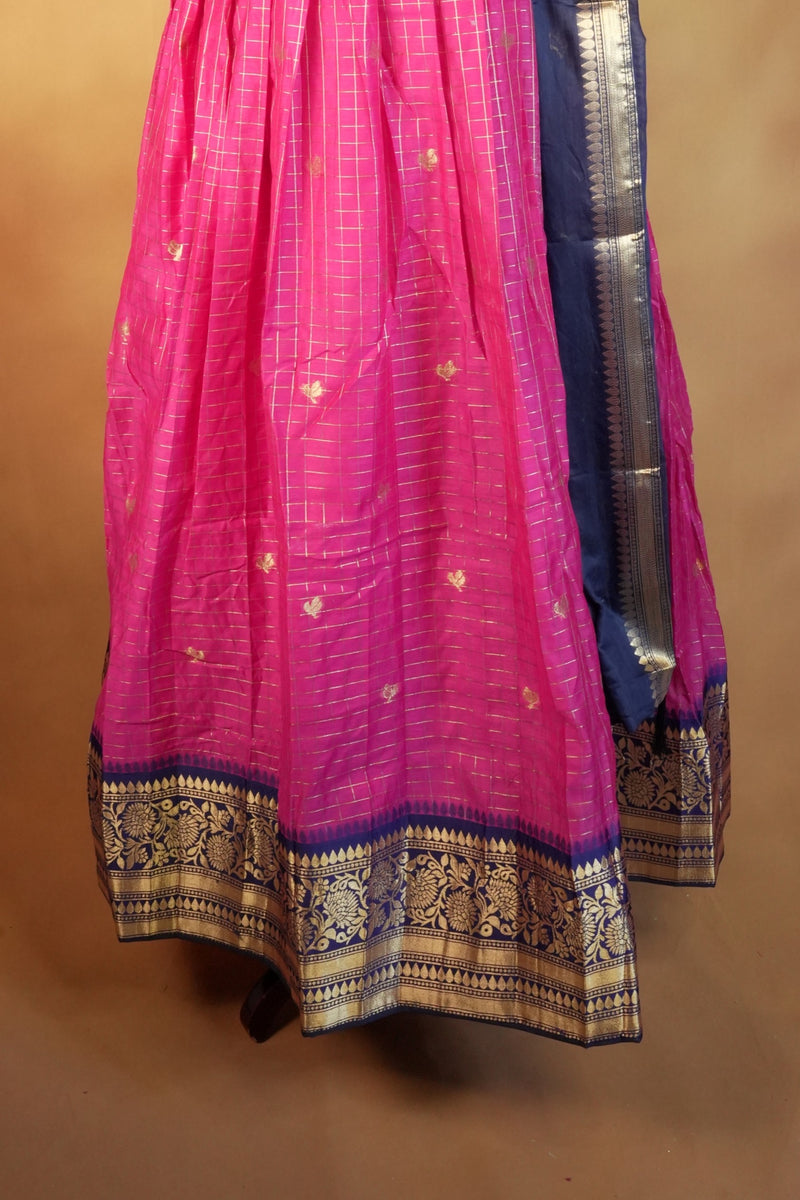 Pink Girls Frock | Heart Shape Zari Neckline & Navy Pallu | Festive & Party Wear
