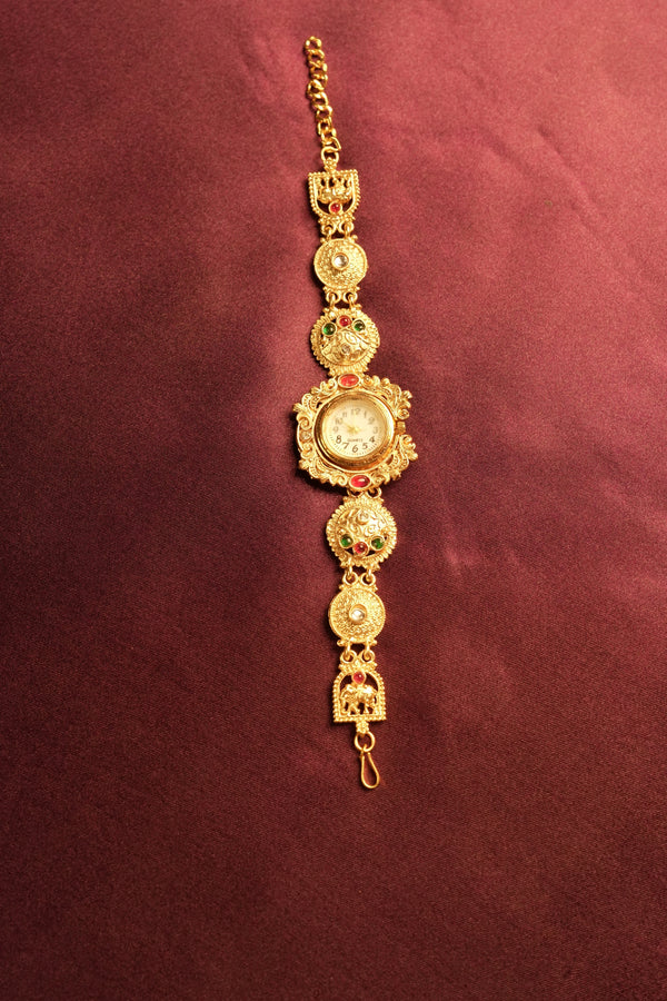 Antique Gold Kashmiri Watch | Multicolor Stone Studded Filigree Bracelet | Ethnic Wear Accessory
