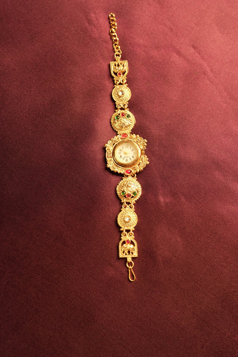 Antique Gold Kashmiri Watch | Multicolor Stone Studded Filigree Bracelet | Ethnic Wear Accessory
