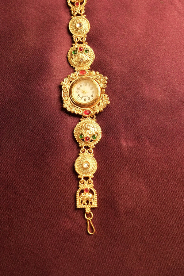 Antique Gold Kashmiri Watch | Multicolor Stone Studded Filigree Bracelet | Ethnic Wear Accessory