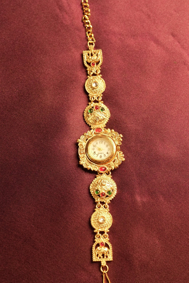 Antique Gold Kashmiri Watch | Multicolor Stone Studded Filigree Bracelet | Ethnic Wear Accessory