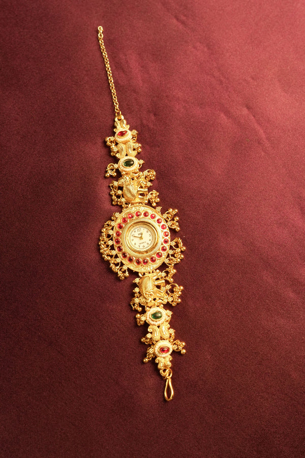 Antique Kashmiri Watch | Red Kundan Stone Border | Adjustable Bridal Jewelry