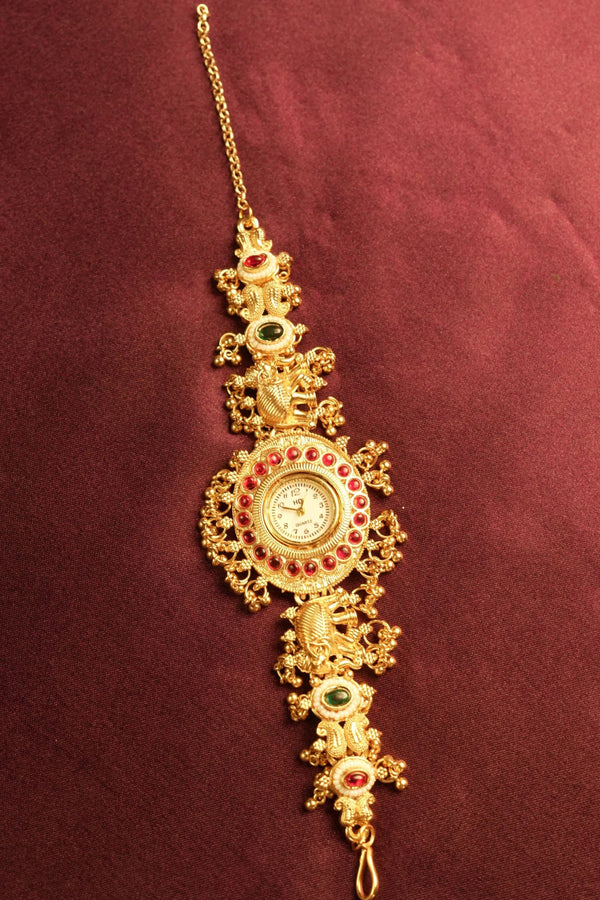 Antique Kashmiri Watch | Red Kundan Stone Border | Adjustable Bridal Jewelry